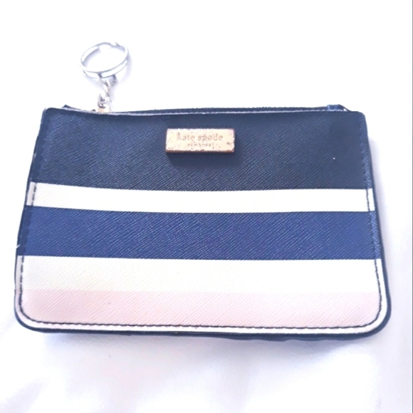 Kate Spade New York Card Holder Kayring Top Zipper Navy Blue Pink White Wallet - Picture 1 of 7